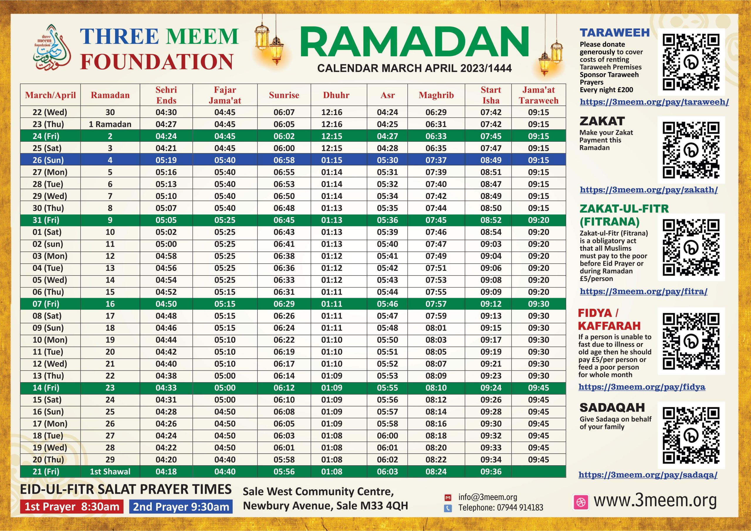 Ramadan Fasting calendar,Sale, Trafford, 2023
